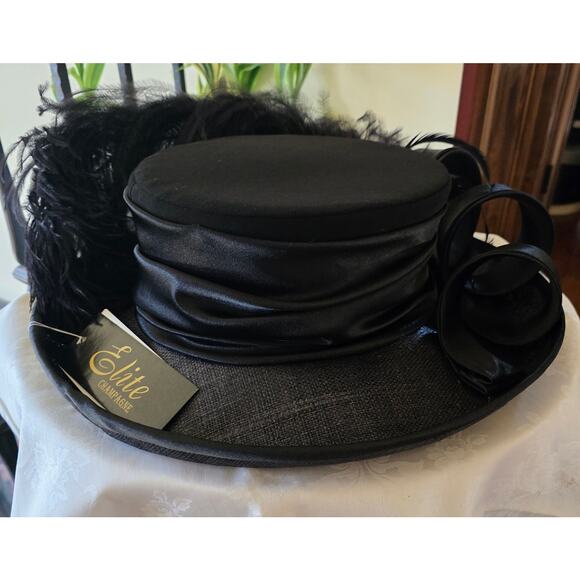 NWT‎ Elite Champagne black sun hat, whimsical ribbon and feathers main image 5
